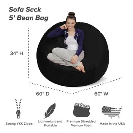Sofa Sack Bean Bag Chair - Plush, Ultra Soft - Memory Foam Bean Bag Chair with Microsuede Cover - Stuffed Foam Filled Furniture and Accessories for Dorm Room 5 Feet - Black
