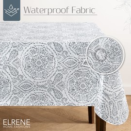 Elrene Home Fashions Savannah Boho Paisley Water- and Stain-Resistant Vinyl Tablecloth with Flannel Backing, 60 Inches X 102 Inches, Rectangle, Gray