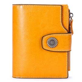 SENDEFN Women's Bi-fold Wallet, Genuine Leather, Skimming Prevention, Coin Purse Included, Large Capacity, Multi-functional, Lightweight, Good Touch, Popular, Compact Wallet, B-yellow