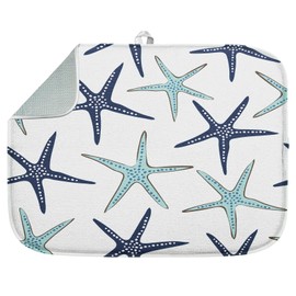Sanwarm Absorbent Dish Drying Mat, Navy Blue Turquoise Coastal Nautical Starfish Microfiber Pad for Kitchen Counter, Coffee Bar Decor, Heat Resistant and Reversible, 16" x 18"