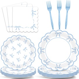 96PCS Blue Bow Baby Shower Decorations Blue Scalloped Paper Plates Napkins Bow Themed Tableware Party Supplies Bowknot Birthday Dinnerware for Bachelorette Engagement Baby Bridal Shower Decor