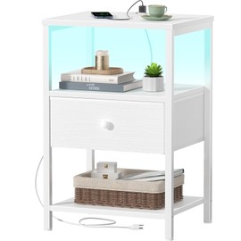 BOLUO White Nightstand with Charging Station, LED Night Stand with Fabric Drawers and Shelf, Bedside Table with USB Ports and Outlets, Bedroom Nightstand Modern