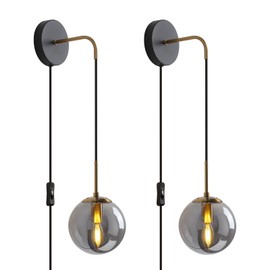 KUZZULL Wall Sconces Set of Two Black and Brass Gold Plug in Wall Sconces Set of 2 with Globe Smoke Grey Glass Shade Wall Lights Wall Lamps for Bedrooms Sconces Wall Decor Set of 2 with Plug in Cord