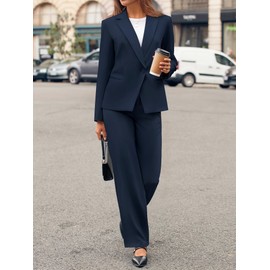 Casly Lamiit Business Casual Outfits for Women 2 Piece Pantsuits Notched Collar Blazer Wide Leg Pants Work Office Dressy Suit Set Navy Blue XL
