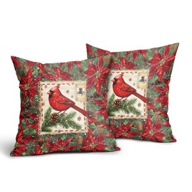 Evlaschin Christmas Birds Pillow Covers Set of 2 18x18in Winter Red Poinsettia Floral Cotton Linen Throw Pillowcases Vintage Xmas Snow Holiday Indoor Outdoor Soafe Couch Cuchion Covers Home Decor