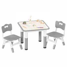 Pterying Kids Table and 2 Chair Set, Children Multi-Activity Table 3 in 1 Height-Adjustable Toddler Table and Chair Set, Graffiti Desktop, Daycare, Classroom, Playroom, Home, Grey