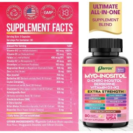 Parrox Myo Inositol Supplement, D-Chiro Inositol, Folate, DIM, Vitamin D3, B12, 90 caps