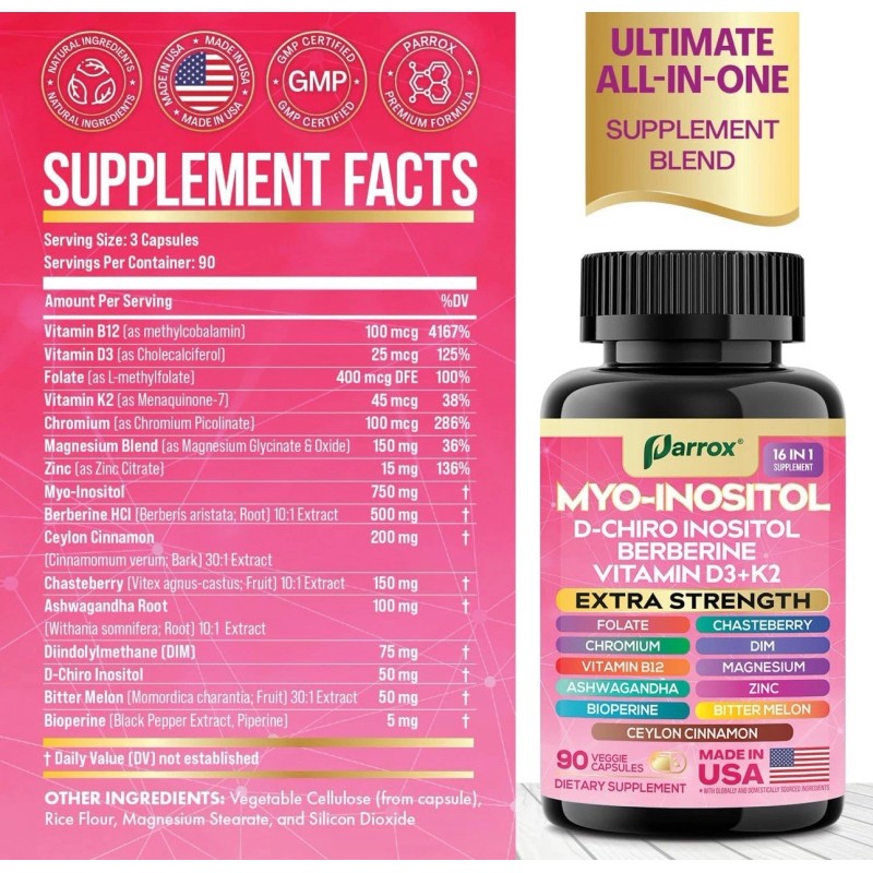 Parrox Myo Inositol Supplement, D-Chiro Inositol, Folate, DIM, Vitamin D3,