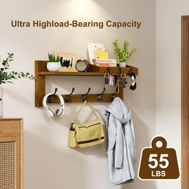 Coat Rack Wall Mount with Shelf, 23.7in Coat Hanger Wall Mount with 5 Dual Hooks 3 Key Hooks, Wood Hanging Entryway Shelf, Large Wooden Key and Mail Holder for Wall, Premium Coat Rack with Shelf
