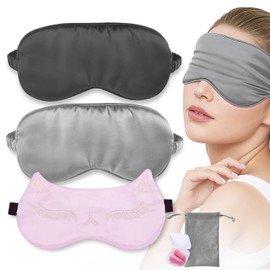 Keeshibao 3-Pack Silk Eye Masks for Sleep, Sleep Mask for Women Men Kids (Family Pack), Blackout Eye Mask Covers for Sleeping for Travel Airplane, Includes Earplugs & Pouch (Black/Gray/Pink)