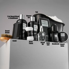 Gifts for Men, Mens Body And Wash Gift Set Beard Kit and Body Care, Unique for Dad Sandalwood Spa Baskets, Bath and Beard Grooming Kit, Gifts for Husband Him Beard Balm Growth Oil