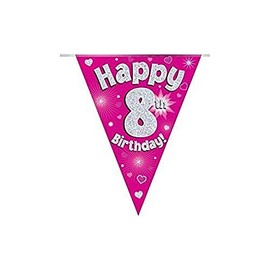 OAKTREE UK 630567 Party Bunting Happy 8th Birthday Pink Holographic 11 Flags 3.9m
