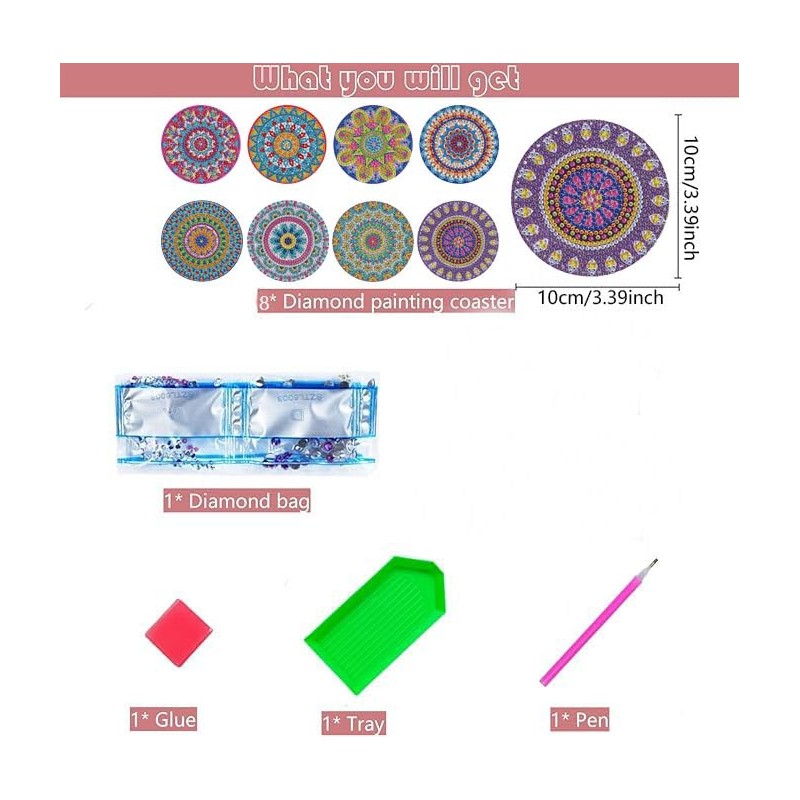 8 PCS 5D DIY Diamond Crafts Painting Coasters, Round Diamond