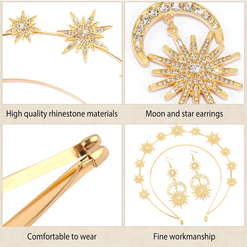Celestial Sun Star Moon Headband & Earrings Set for Women