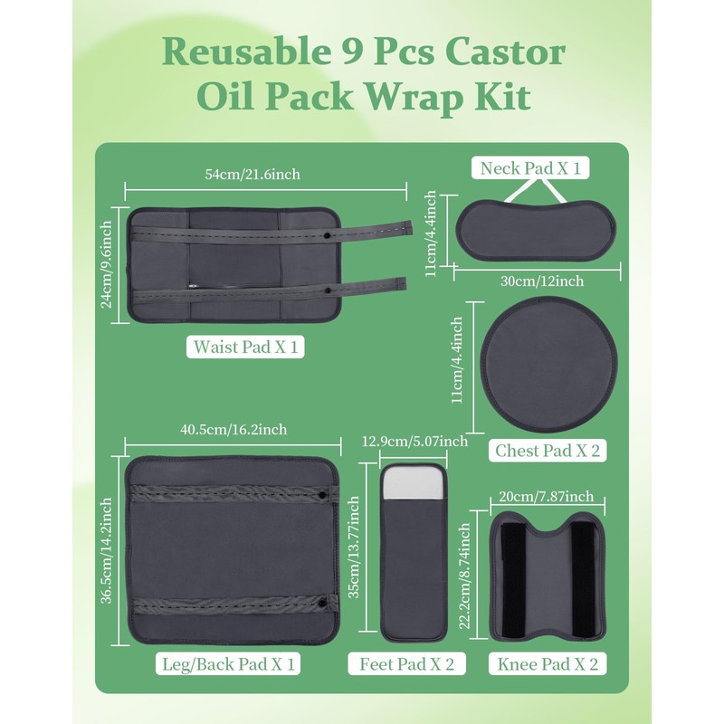 Texpot Black and Gray 9 Pcs Reusable Castor Oil Pack