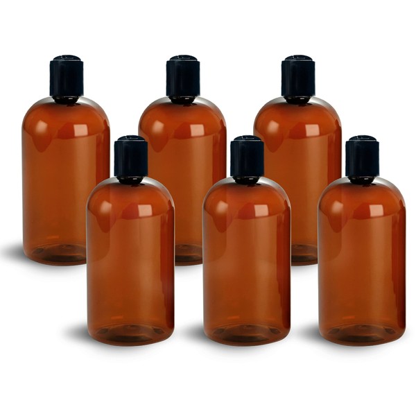 ljdeals 16 oz Amber PET Plastic Refillable Bottles with Black Disc Top Caps, Reusable Containers for Shampoo, Lotions, Cream and More, Pack of 6, BPA Free, Made in USA
