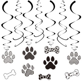 AimtoHome Dog BirthdayHanging Swirl Set Party Decorations, 48 Pcs, Dog Paw Bones Party Supplies Sign,White Black Grid