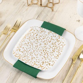 Blue Sky Leaf Square Organic Premium Disposable Plastic Plates - 32 Count, 7.25" and 10" Gold/White Combo Pack | Elegant and Eco-Friendly for Parties, Events, and Gatherings