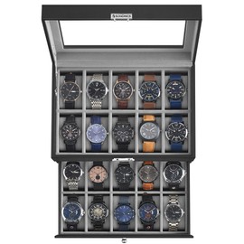 SONGMICS 20-Slot Watch Box, Watch Case with Glass Lid, 2 Layers, Lockable Watch Display Case, Black Synthetic Leather, Gray Lining UJWB006