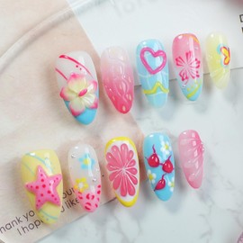 30Pcs Flower Press On Nails Medium Almond Nails With 3D Colorful Summer Sea Starfish Designs French Tips & Cute Heart Lemon False Nails Ocean Beach Press Ons Handmade Nails Pearl for Spring