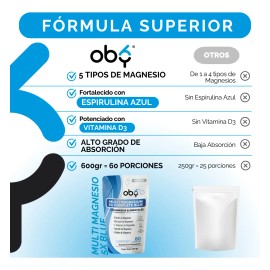 Oby Magnesio Complex, 5 Magnesios, Citrato De Magnesio, Espirulina Azul Y D3. Glicinato de Magnesio, Treonato, Taurato Y Malato. Polvo 600g Sabor Mora Azul | Vitaminas Mujer y Hombre