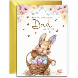 Dad Easter Card - Bunny with Easter Eggs Design - A5 Size with Gold Envelope