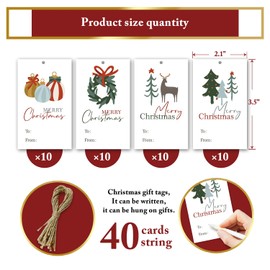 Christmas Gift Wrapping Tags with Hemp Rope, Christmas Hang Name Tags Label Gift Tags, Xmas Gift Favor Tags for Xmas Party Decor, Christmas Gift Wrapping Decorations, 40 Tags and 40 Hemp Rope - DH059