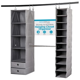 BIRDROCK HOME Hanging Closet Organizer System - Fabric Wardrobe for Clothing, Shoes, & Accessories with Adjustable Rod, Drawers, & Cubbies - Ideal for Small Bedrooms, Dorms, Apartments - 5 pcs, Grey
