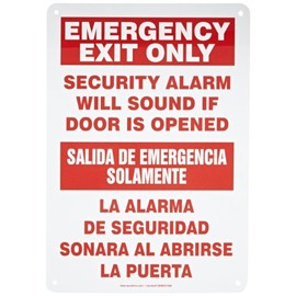 Accuform SBMEXT566VA Aluminum Spanish Bilingual Sign, "Emergency EXIT ONLY Security Alarm Will Sound IF Door is Opened", 14"x10", Red on White