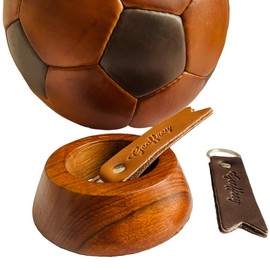 Geoffrey Vintage 32 Panel Soccer Ball 100% Cow Leather with Wooden Base | TAN & Dark Brown | Size 5 | Retro Football