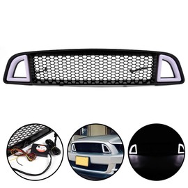 Honeycomb Mesh Front Bumper Upper Grill Replacement For Ford Mustang 2013 2014 (Except Shelby) Upper Hood Grille With DRL LED Yellow Turn Signal Clear Lens ABS