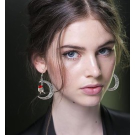 Oxidized Hollow Crescent Moon Bird Dangle Drop Statement Gothic Earrings for Women Boho Vintage Ancient Silver Red Enamel Hook Retro Bohemian Animal Charm Earring Goth Unique Celestial Jewelry, one