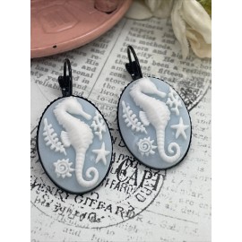 FANCY FOX BOUTIQUE Beach Seahorse Sea Life Pool Blue Black Setting Enamel Earrings Cameo Festival