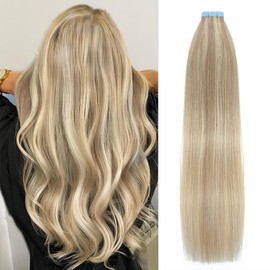 PEISPEI Tape in Hair Extensions Human Hair, Light Blonde Highlighted Golden Blonde Seamless Tape in Hair Extensions Silky Straight 40 Gram (Color #16/22 14 Inch)