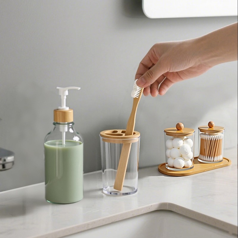 5 Pack Bamboo Bathroom Accessories Set with Tray - Plastic