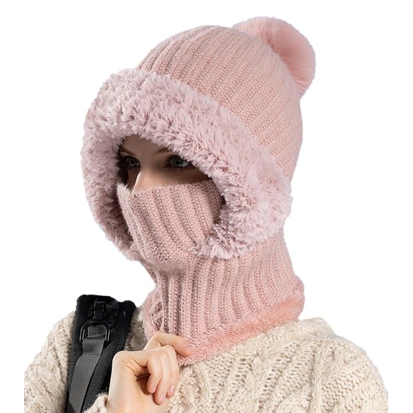 Womens Knit Beanie Hat Fleece Lined Winter Scarf Mask Set