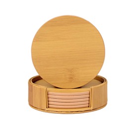 pont du monde Coasters, Marble Pattern, PU Leather, Stylish, Elegant (Storage Case, Set of 6, Round, Bamboo Pattern)