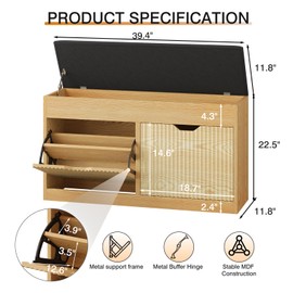 Tarnorci Shoe Storage Bench, 2-Tier Entryway Bench with 2 Flip, 39inches Storage Benches with Padded Cushion Hidden Shoe Cabinet Organizer for Entryway, Hallway, Bedroom(Original Wood Color)