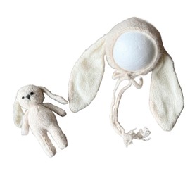 [NANA's shop] Newborn Rabbit Hood Hat and Amigurumi Set, Ivory, Wool Material, Anniversary Photo Newborn Photo, Ivory