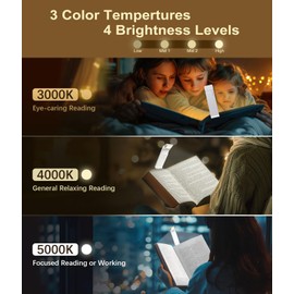 VTIGER Reading Light, USB Rechargeable Book Light for Reading in Bed,Foldable Clip-on LED Booklight, 3 Amber Colors & 4 Brightness Dimmable,Long Lasting Portable Bookmark Lamp for Book Lovers, Kids