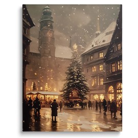 Vintage European Christmas Market Canvas Wall Art Decor - Festive Winter Scene with Snow, Lights and Decorated Tree, Ideal Decoration for Living Room or Office, 11X14 inch Elegant Holiday Decor