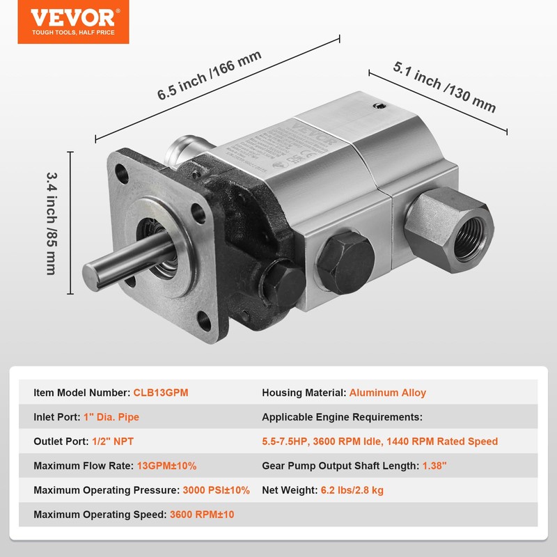 VEVOR Hydraulic Log Splitter Pump, 13GPM, 2 Stage 3000PSI Wood