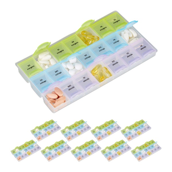 10 x 7 Day Pill Box Set, 3 Compartments, Morning, Noon, Evening, Weekly Medicine Dispenser with Lid, Transparent