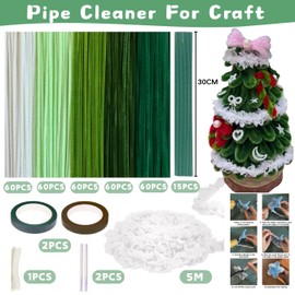 NafuXiaJJia 5-Color Green Pipe Cleaner Flower Kit,300 Pcs Pipe Cleaners Craft,with 1 Roll Fluffy Yarn for Flower Making, 15 Floral Wire,2 Floral Tape,Ribbon and Instruction