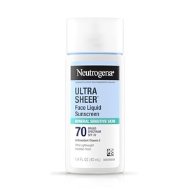 Neutrogena Protector solar líquido facial mineral ultra transparente SPF 70, amplio espectro UVA UVB para pieles sensibles, no graso, libre de oxibenz