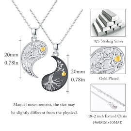 Yin Yang Necklace for Couples 925 Sterling Silver Tree of Life Pendant Couples Necklace Yin Yang Family Tree Pendant for Men Women Friends on Birthday Anniversary Christmas Mother's Day