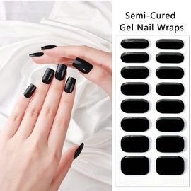SILPECWEE Semi Cured Gel Nail Strips (Black Solid Color - 16PCS), Gel Nail Stickers Full Nail Wraps Need UV Light, Salon Quality & Easy to Use - with Prep Pads, Nail File, Wood Stick