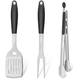 Beijiyi Stainless Steel BBQ Grill Tools Set, BBQ Grill Accessories for Outdoor Grill with Metal Spatula, Fork, and Tongs, Grilling Tools with Full Tang Silicone Handle, Barbecue Grill Cooking Utensils