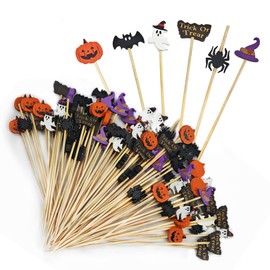 SHSMPXOY 100 PCS Halloween Cocktail Sticks, Wooden Skewers with Ghosts Bats Spiders Pumpkin Ornament, Bamboo Appetizer Fruit Finger Food Drinks Picks, Creepy Halloween Spoof Party Decoration Supplies