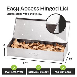 BBQ Smoker Box Kit – Stainless Steel Smoker with Hinged Lid, Apple Wood Chips, Hickory Salt – Grilling Accessories and Grilling Gifts for Men – Great Birthday Gifts for Men Who Love to BBQ